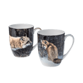 Robert Bateman Fox mug pair fine bone china 13 oz featuring Red Fox on the Prowl and On the Move Red Fox paintings, front view handle right