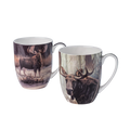 Robert Bateman Moose mug set of two featuring Bull Moose and Moose Family, 12.5 oz (375 ml) fine bone china mugs, white background