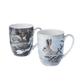 Robert Bateman Woodland Animals mug set of two featuring Winter- Snowshoe Hare and Red Squirrel, 12.5 oz (375 ml) fine bone china mugs, white background