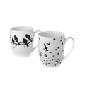 Bird Silhouette mug pair black and white fine bone china 13 oz mugs with bird silhouette design, front view handle right