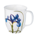 Blue Iris floral Java mug, 12.5 oz (375 ml) fine bone china mug with blue iris flower design, front view handle right