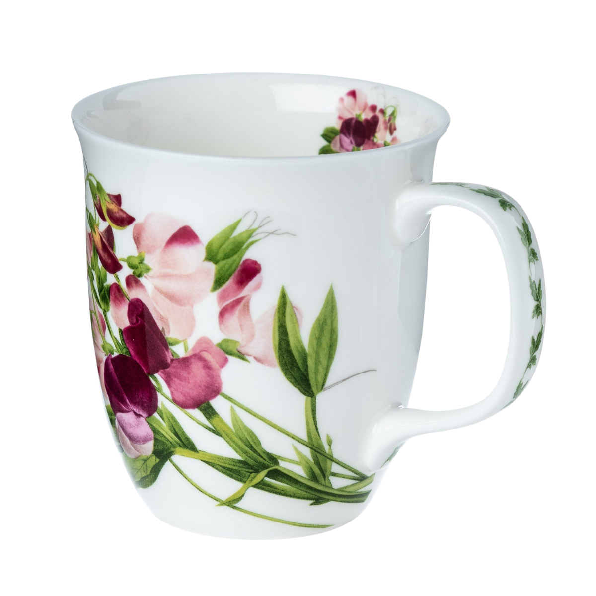 Pink Sweet Pea Java mug, 12.5 oz (375 ml) fine bone china mug with pink sweet pea floral design, front view, handle right