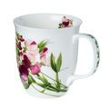 Pink Sweet Pea Java mug, 12.5 oz (375 ml) fine bone china mug with pink sweet pea floral design, front view, handle right