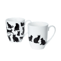 Cat Silhouette mug set of two with black and white feline silhouette designs, 12.5 oz (375 ml) fine bone china mugs, front view handle right