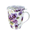 Purple Pansies tea mug with infuser and lid, 15.2 oz (450 ml) fine bone china tea mug, floral chintz design, front view, handle right