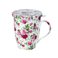 Red & Pink Roses Chintz tea mug with stainless steel infuser and lid, 15.2 oz (450 ml) fine bone china mug, front view, handle right