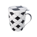 Fine bone china Criss Cross tea mug with stainless steel infuser and lid. Gift-boxed black and white design for stylish everyday tea brewing.