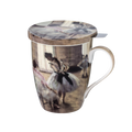 The Dance Lesson Edgar Degas tea mug with stainless steel infuser fine bone china 15.2 oz featuring ballet painting, front view handle right