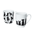Dog Silhouette mug pair with black and white dog breed silhouettes, 12.5 oz (375 ml) fine bone china mugs, front view handle right