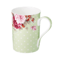 Dots and Roses Green mug fine bone china 12.5 oz with green polka dots and rose floral design, front view handle right