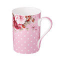 Dots and Roses Pink mug fine bone china 12.5 oz with pink polka dots and rose floral design, front view handle right