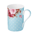 Dots and Roses Blue mug fine bone china 12.5 oz with blue polka dots and rose floral design, front view handle right