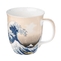 Hokusai Great Wave off Kanagawa mug, fine bone china coffee mug featuring the famous Japanese woodblock print, front view handle right