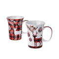 Alt text: Holiday Reindeer mug set of two with red tartan pattern and reindeer design, 11 oz (325 ml) fine bone china mugs, front view handle right