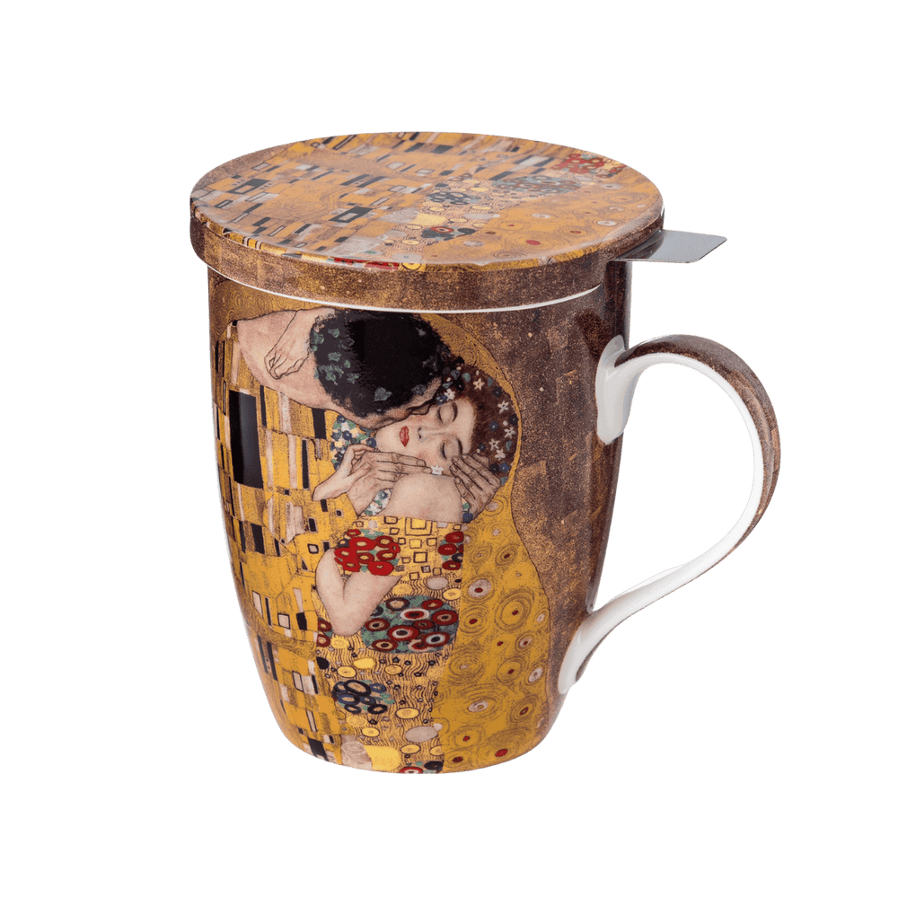 A print of Gustav Klimt's 'The Kiss' on a bone china Tea Mug that includes a stainless steel infuser and insulating lid. 