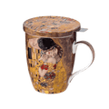 A print of Gustav Klimt's 'The Kiss' on a bone china Tea Mug that includes a stainless steel infuser and insulating lid. 