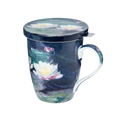 Claude Monet Water Lilies tea mug with lid and stainless steel infuser, 15.2 oz (450 ml) fine bone china mug, front view, handle right