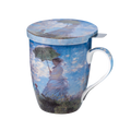 Woman with a Parasol Claude Monet tea mug with stainless steel infuser fine bone china 15.2 oz featuring impressionist painting, front view handle right