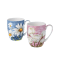 Morning Flowers mug set of two with daisies and roses, pink and blue backgrounds, 12.5 oz (375 ml) fine bone china mugs, white background