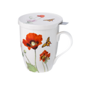 Poppies wildflower fine bone china tea mug with stainless steel infuser and lid, 15.2 oz (450 ml), front view, handle right
