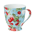 Strawberries Forever mocha mug, 16 oz (500 ml) fine bone china mug with strawberry pattern on blue background, front view, handle right