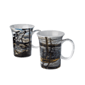 Tom Thomson mug pair featuring The Canoe and The West Wind paintings, 11 oz (325 ml) fine bone china mugs, front view