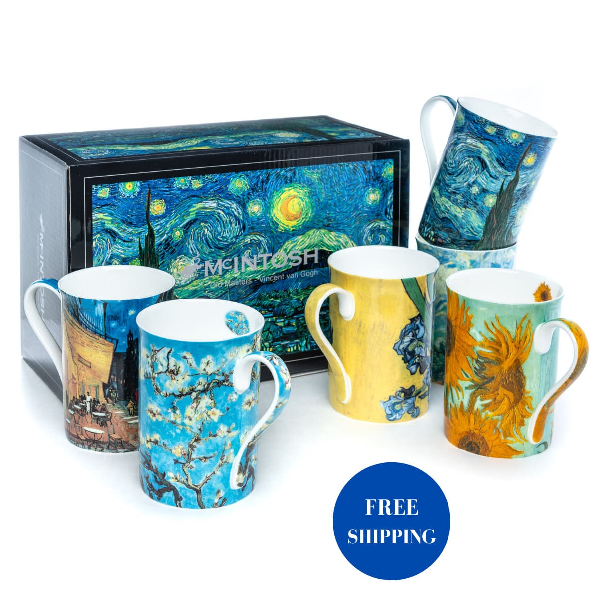Van Gogh mug set of six featuring Starry Night, Sunflowers, Irises, Almond Blossom, Cafe Terrace at Night and Wheatfields with Cypresses, 12.5 oz (375 ml) fine bone china mugs and Starry Night giftbox, white background
