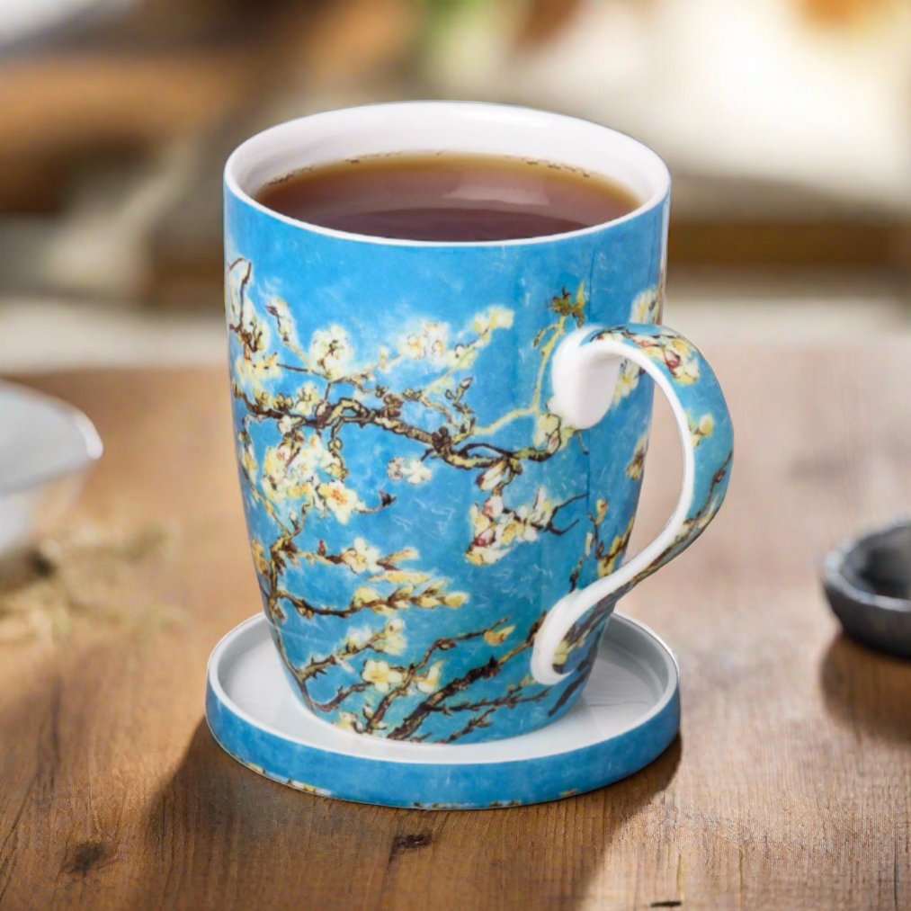 Tasse à thé fleur d'amandier Van Gogh avec infuseur et couvercle