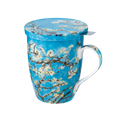 Vincent van Gogh Almond Blossom tea mug with stainless steel infuser and lid, 15.2 oz (450 ml) fine bone china mug, front view handle right