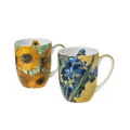 Van Gogh Sunflowers and Irises mug set of two, 12.5 oz (375 ml) fine bone china mugs, front view, handle right