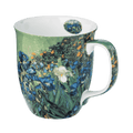 Vincent van Gogh Irises Java mug, 12.5 oz (375 ml) fine bone china mug with blue iris floral artwork, front view, handle right