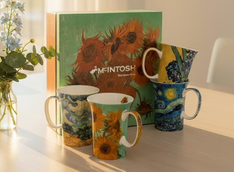 Four fine bone china mugs, each featuring a painting by artist Vincent van Gogh displayed alongside an ornate gift box with a print from the Sunflowers collection.
