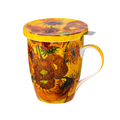 Vincent van Gogh Sunflowers tea mug with stainless steel infuser and lid, 15.2 oz (450 ml) fine bone china mug, front view handle right
