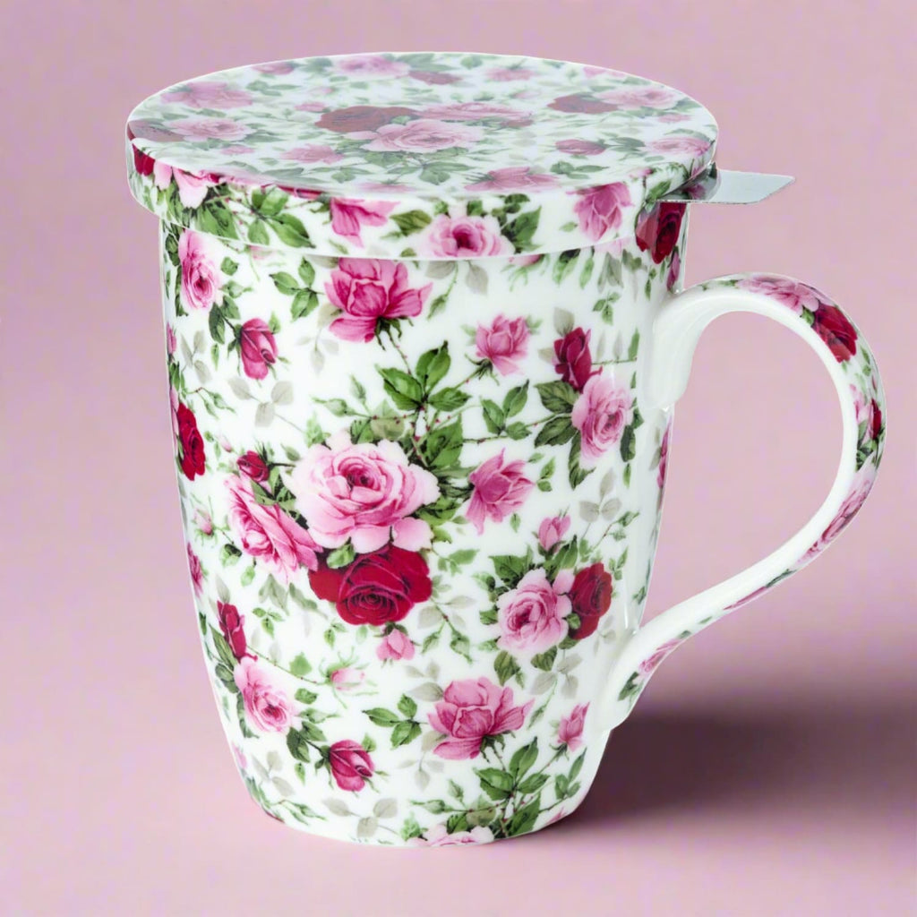 Chintz Red & Pink Roses Tea Mug w/ Infuser and Lid | NEW for 2024 - McIntosh Shop